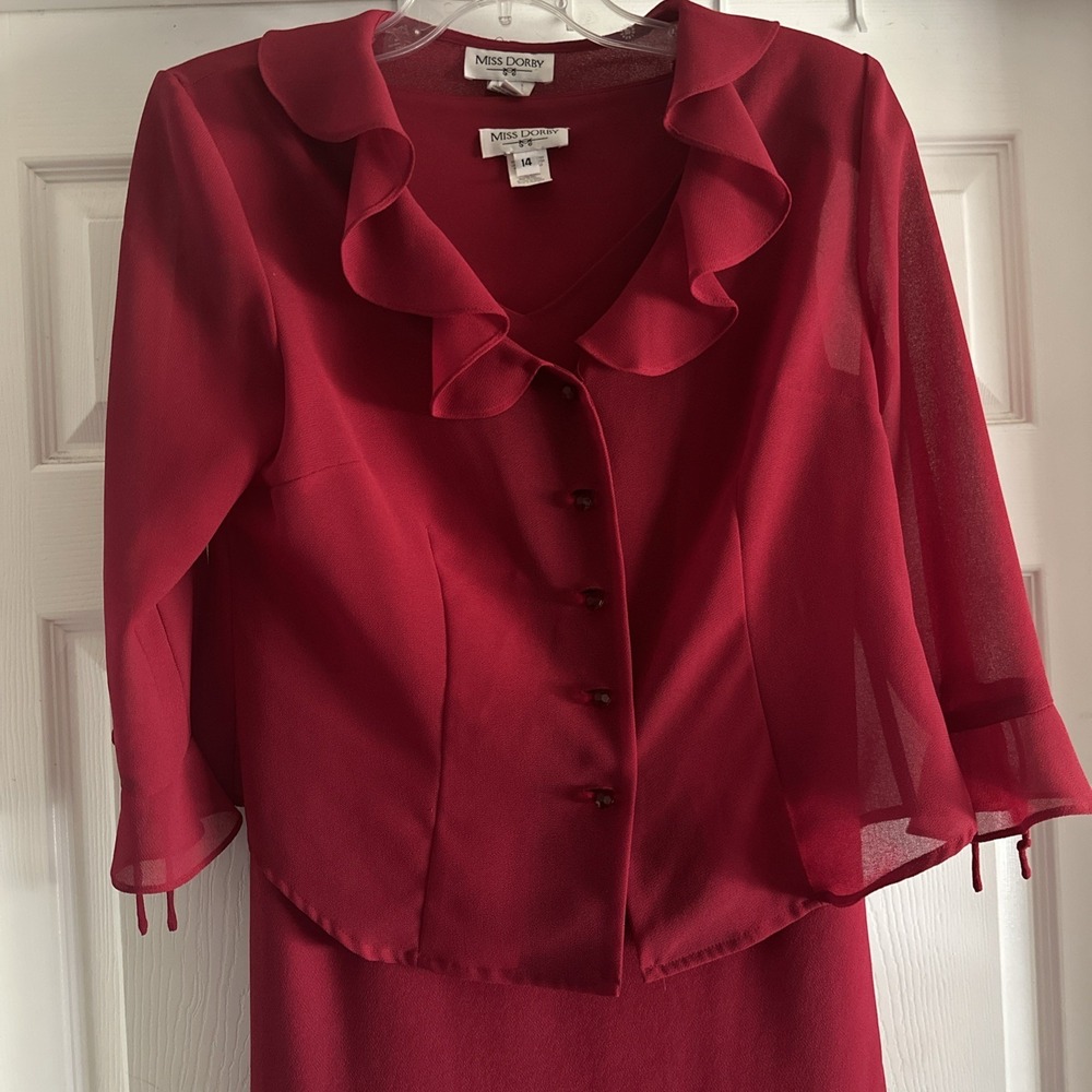 Women's Vintage Miss Dorby Red 2 Pc Dress Jacket Ruffle Jeweled Buttons‎ Size 14
